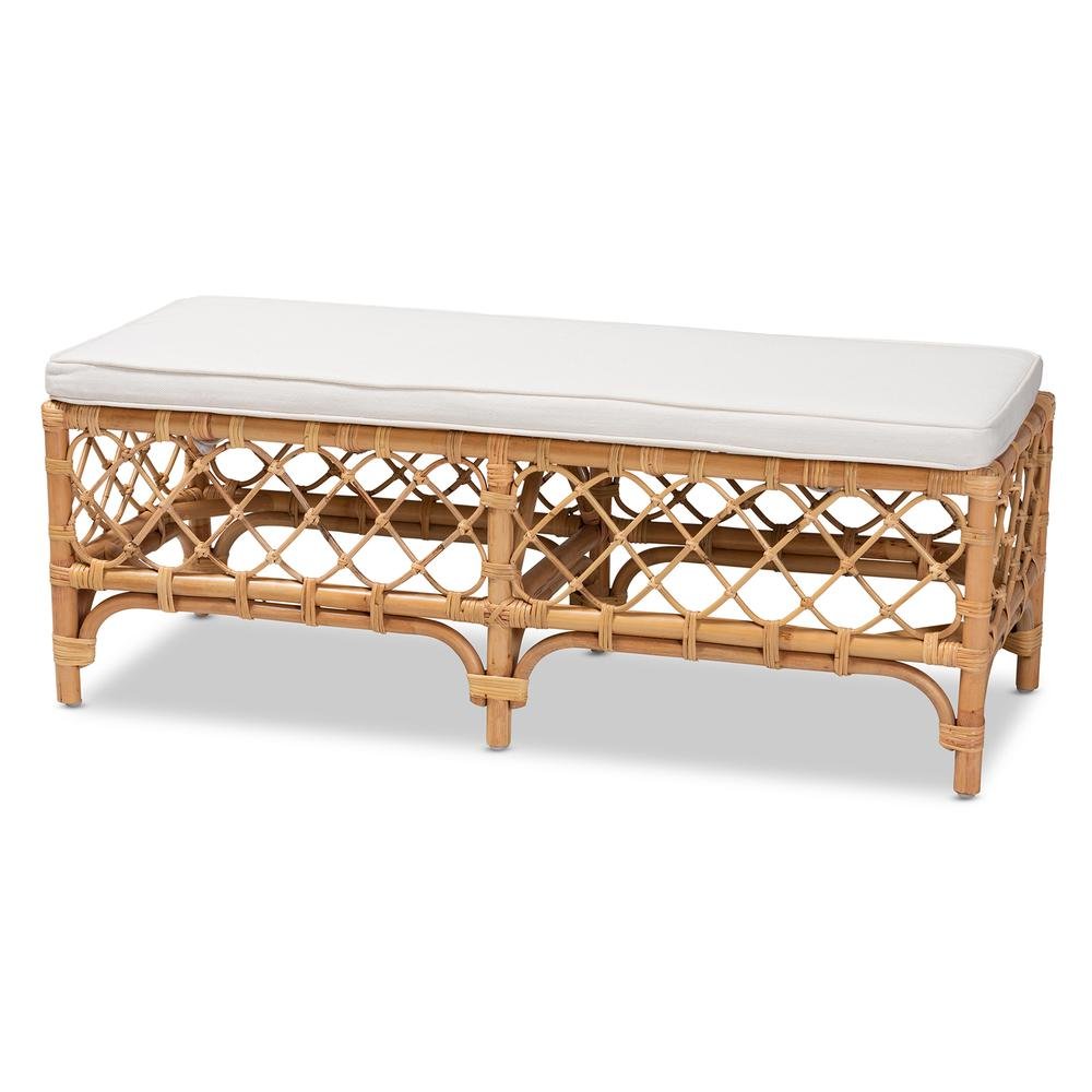 Bohemian White Fabric Upholstered and Natural Brown Rattan Bench