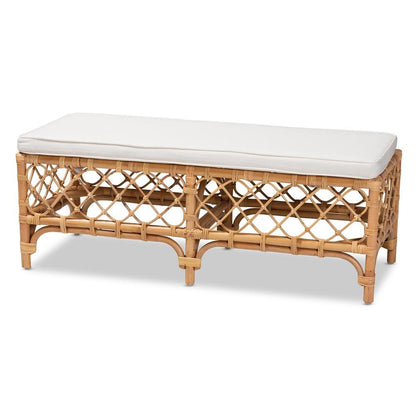 Bohemian White Fabric Upholstered and Natural Brown Rattan Bench