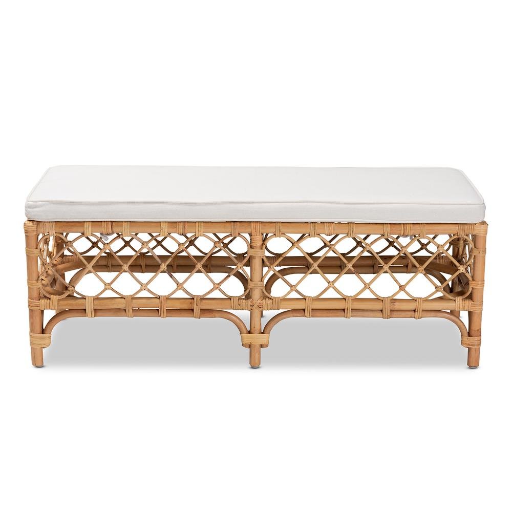 Bohemian White Fabric Upholstered and Natural Brown Rattan Bench