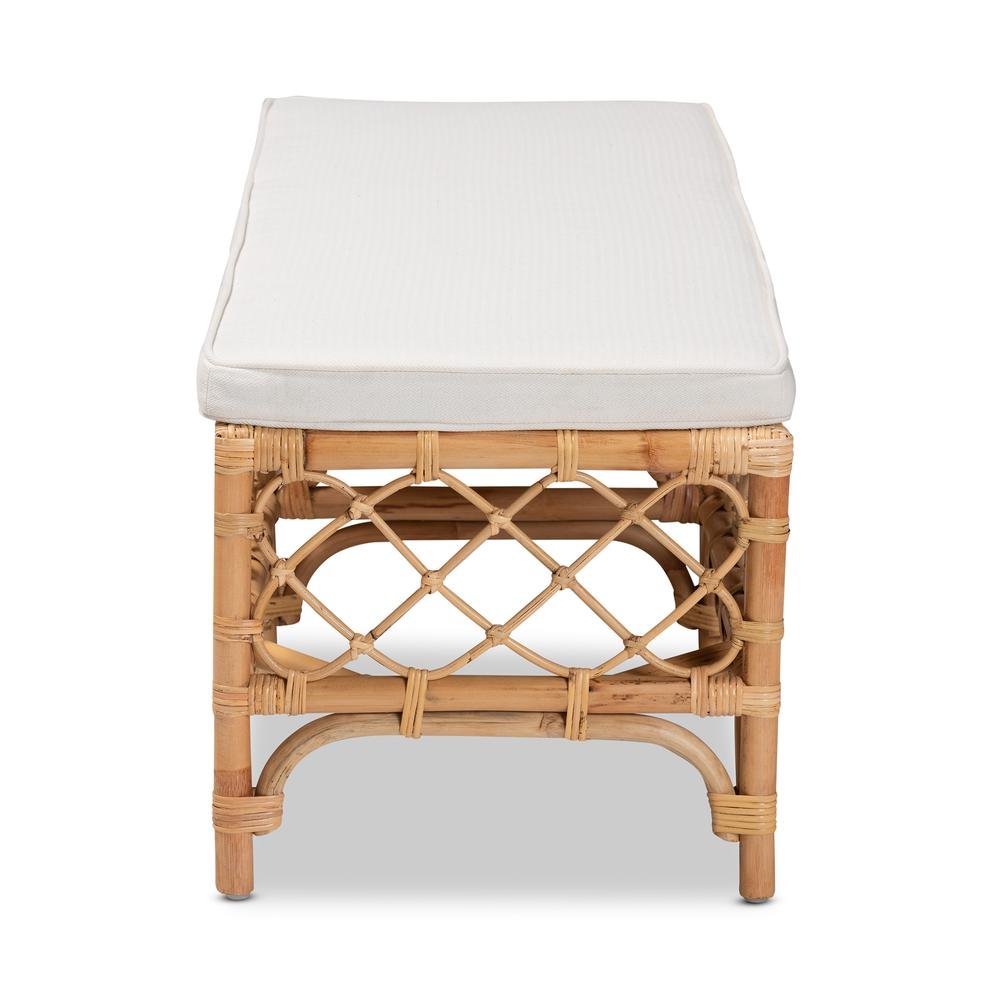 Bohemian White Fabric Upholstered and Natural Brown Rattan Bench