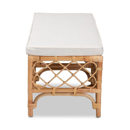 Bohemian White Fabric Upholstered and Natural Brown Rattan Bench