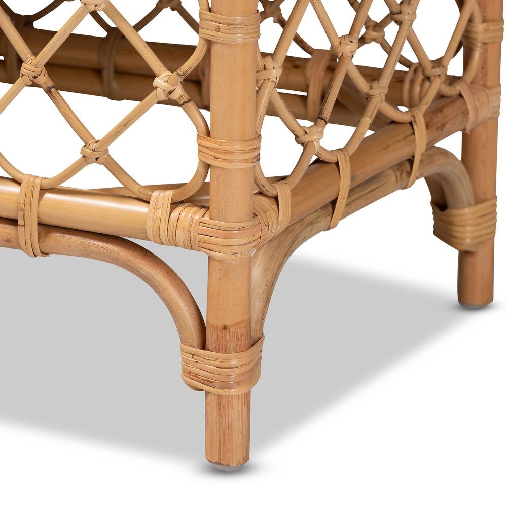 Bohemian White Fabric Upholstered and Natural Brown Rattan Bench