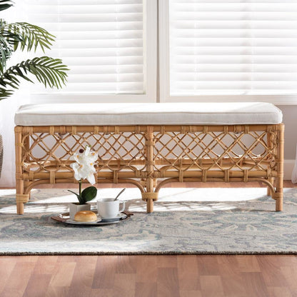 Bohemian White Fabric Upholstered and Natural Brown Rattan Bench