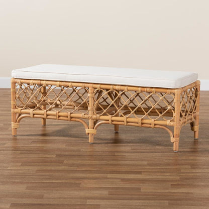 Bohemian White Fabric Upholstered and Natural Brown Rattan Bench