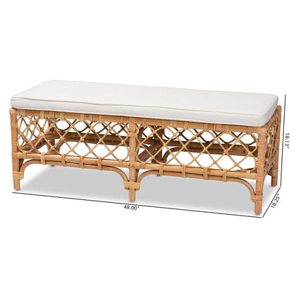 Bohemian White Fabric Upholstered and Natural Brown Rattan Bench