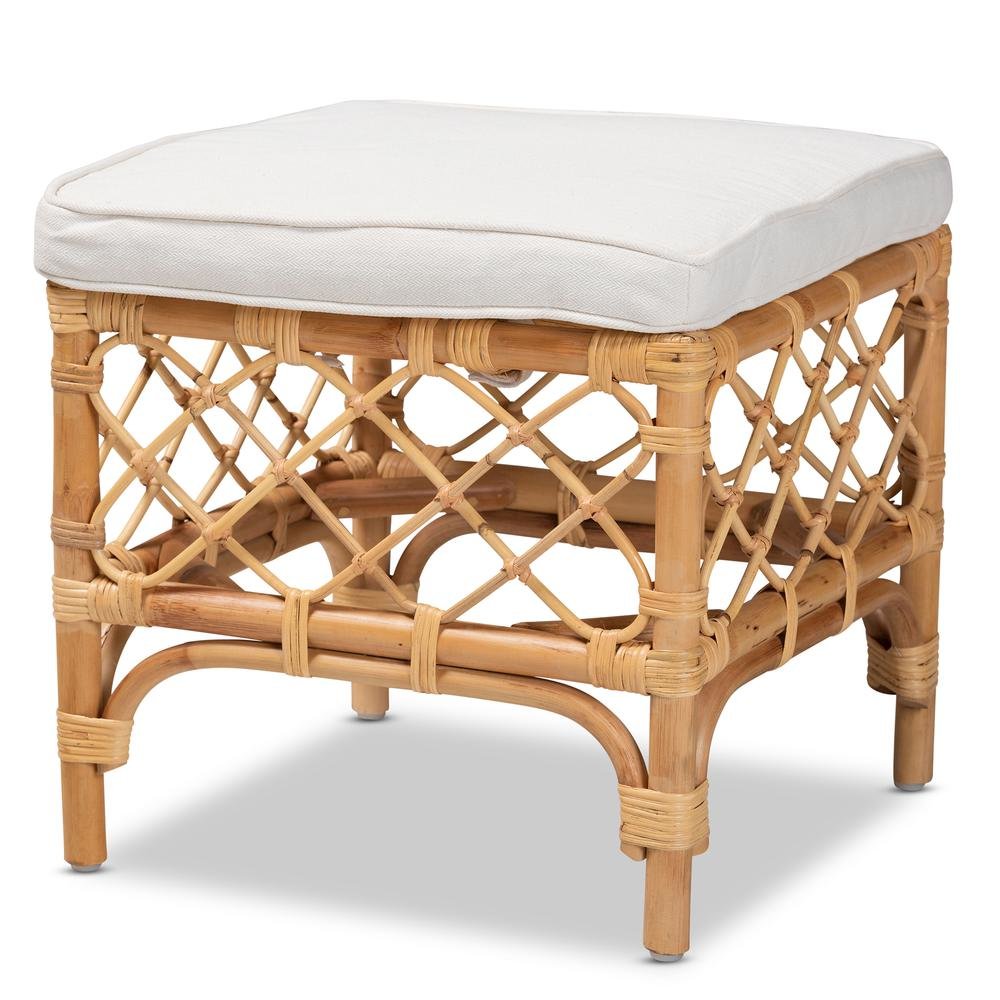 Bohemian White Fabric Upholstered and Natural Brown Rattan Ottoman