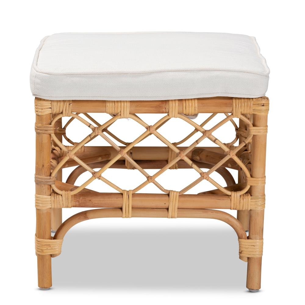 Bohemian White Fabric Upholstered and Natural Brown Rattan Ottoman