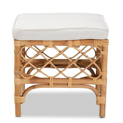 Bohemian White Fabric Upholstered and Natural Brown Rattan Ottoman