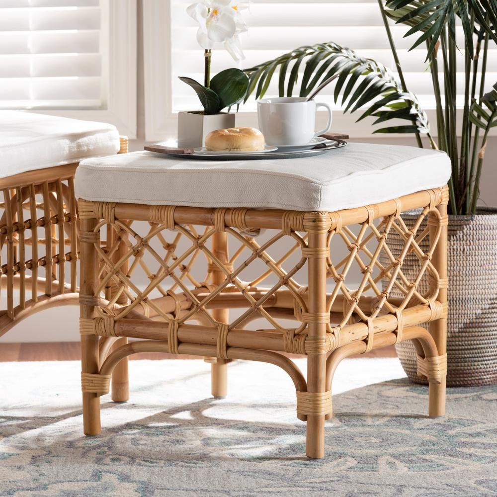 Bohemian White Fabric Upholstered and Natural Brown Rattan Ottoman