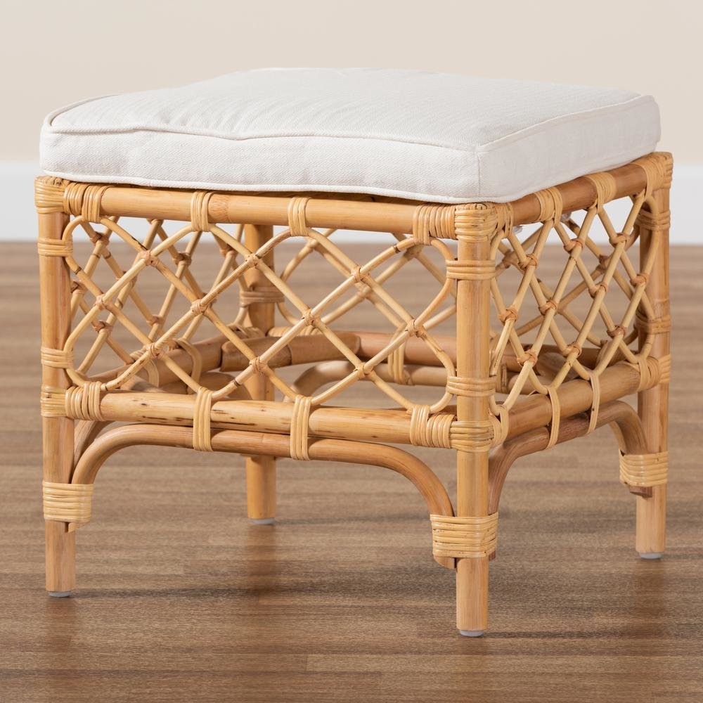 Bohemian White Fabric Upholstered and Natural Brown Rattan Ottoman