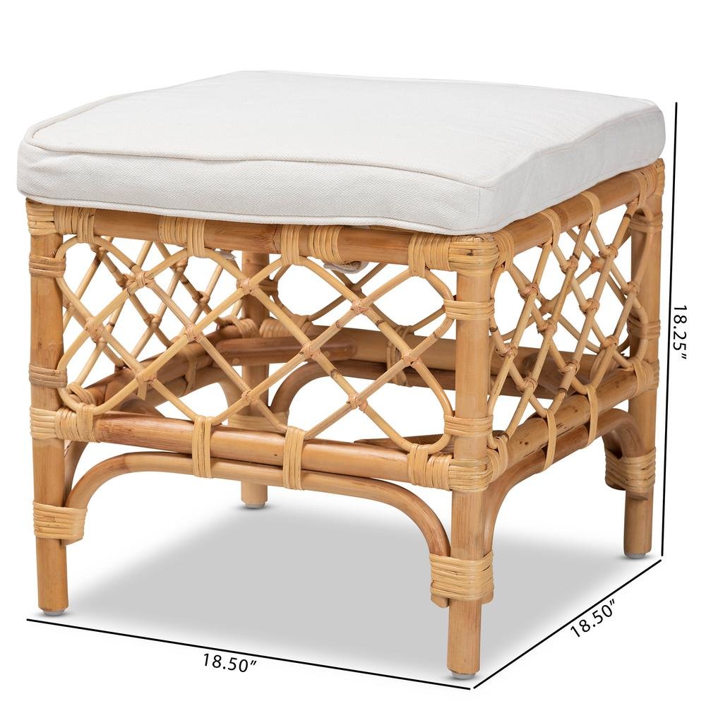 Bohemian White Fabric Upholstered and Natural Brown Rattan Ottoman