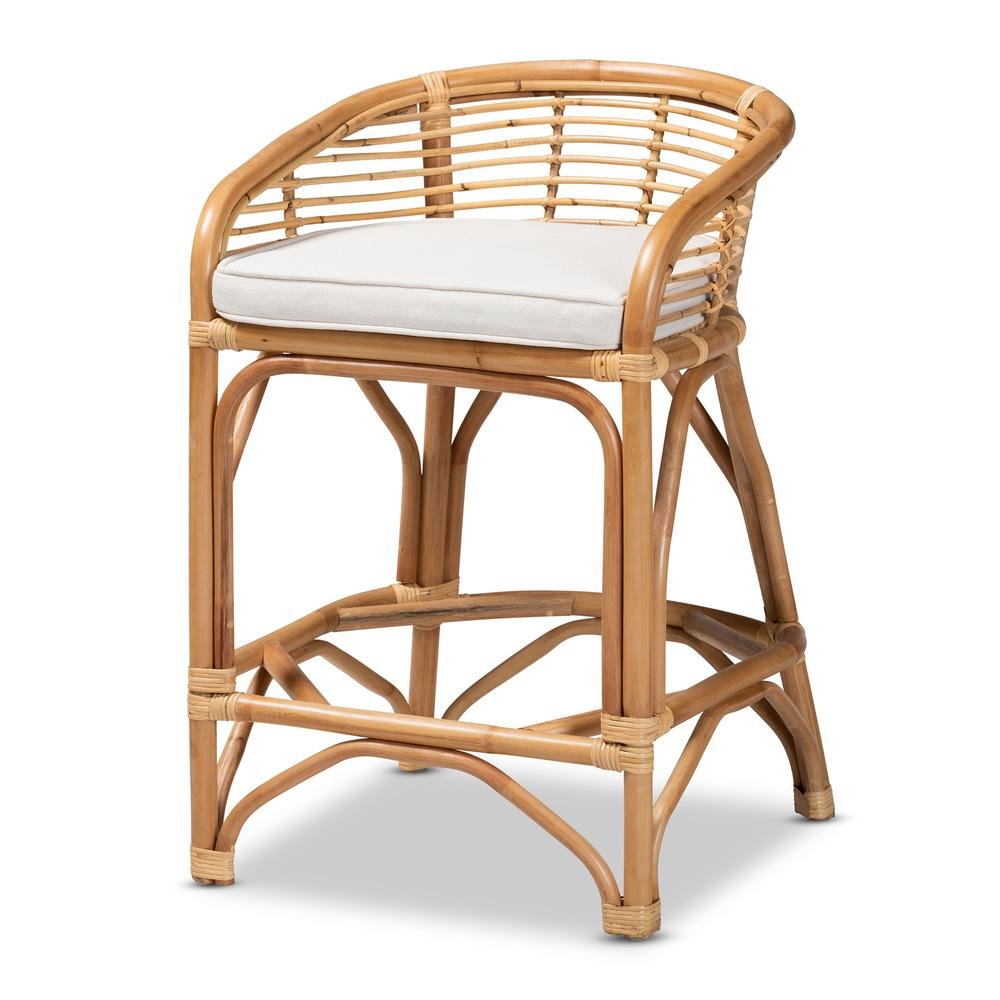 Bohemian White Fabric Upholstered and Natural Brown Rattan Counter Stool