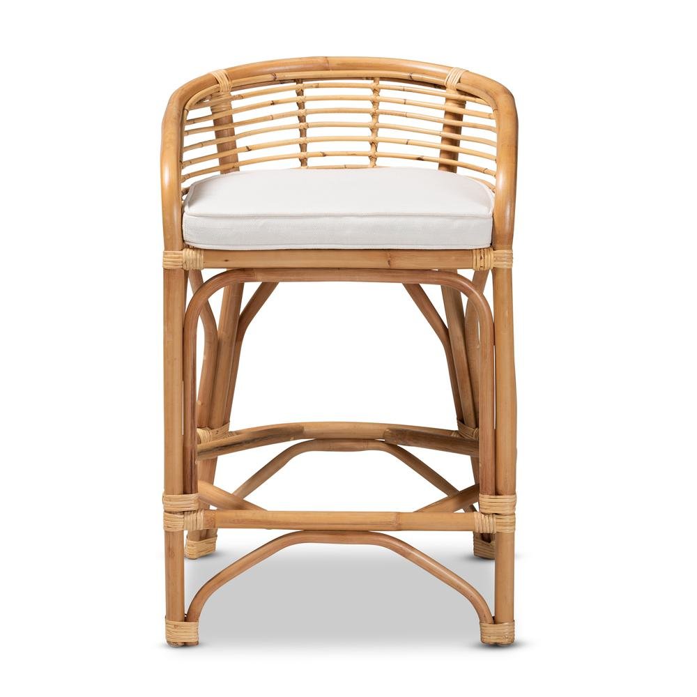 Bohemian White Fabric Upholstered and Natural Brown Rattan Counter Stool