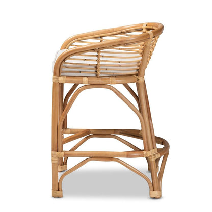 Bohemian White Fabric Upholstered and Natural Brown Rattan Counter Stool