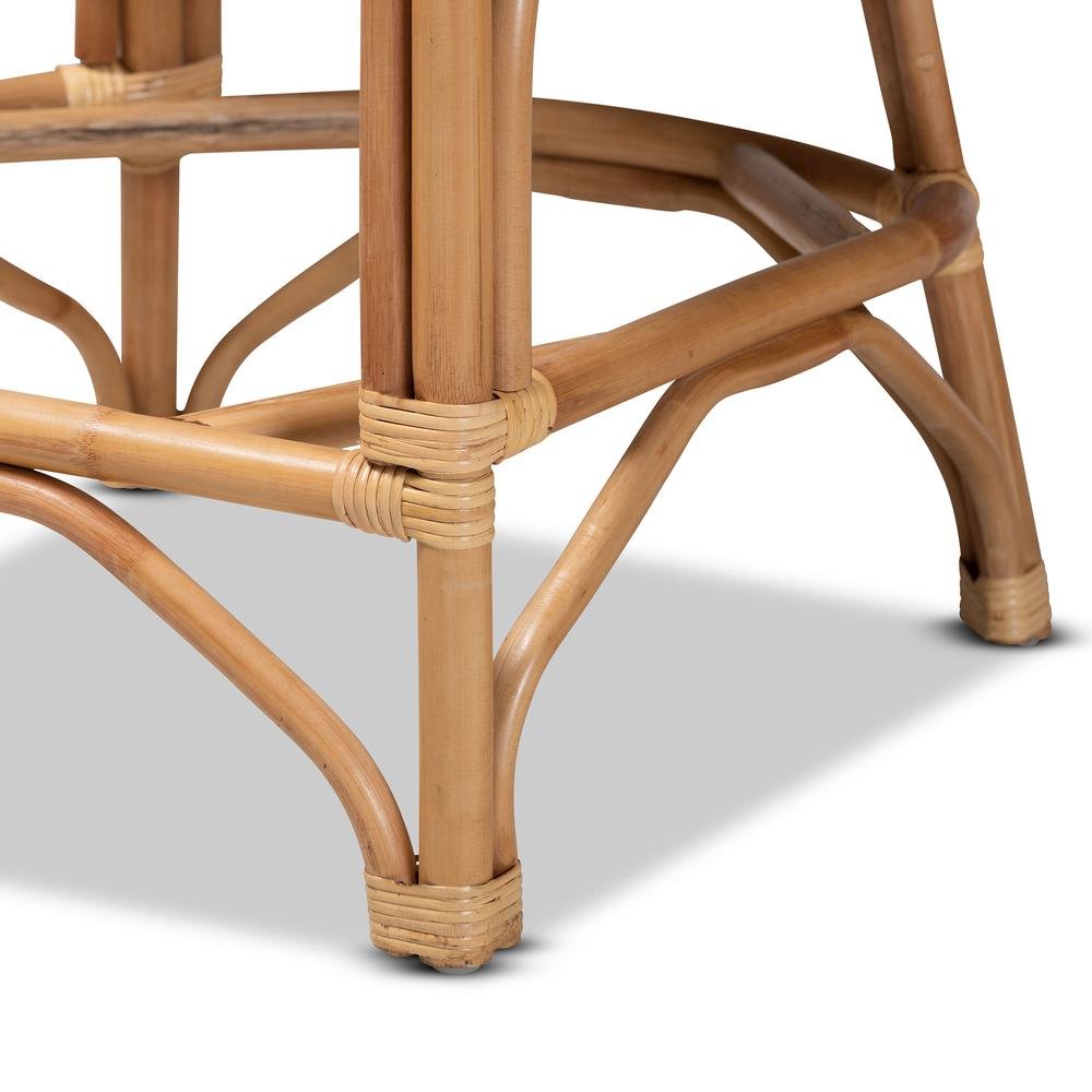 Bohemian White Fabric Upholstered and Natural Brown Rattan Counter Stool