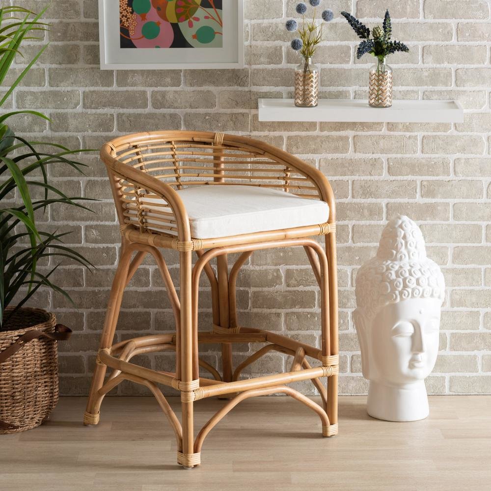 Bohemian White Fabric Upholstered and Natural Brown Rattan Counter Stool