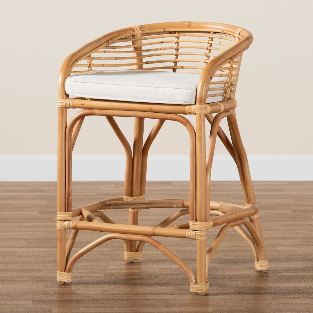 Bohemian White Fabric Upholstered and Natural Brown Rattan Counter Stool