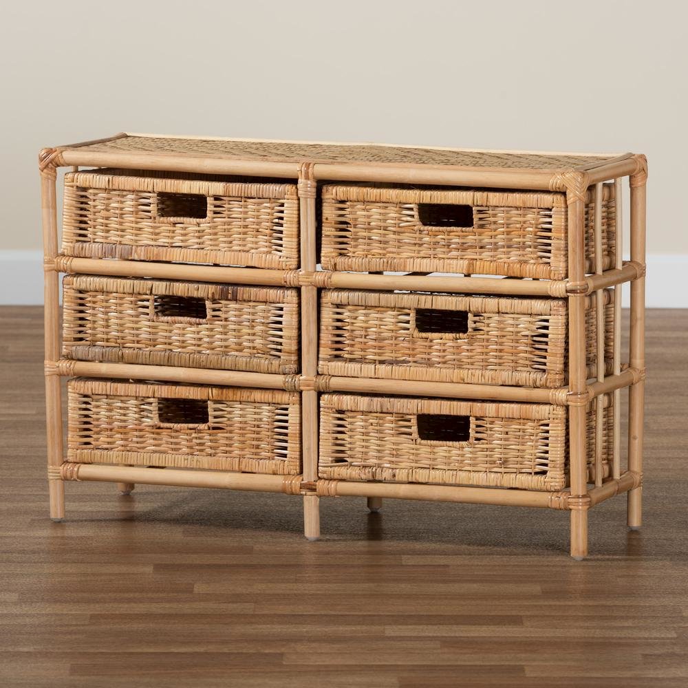 Bohemian Natural Brown Rattan 6-Drawer Storage Cabinet