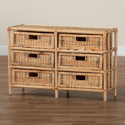Bohemian Natural Brown Rattan 6-Drawer Storage Cabinet