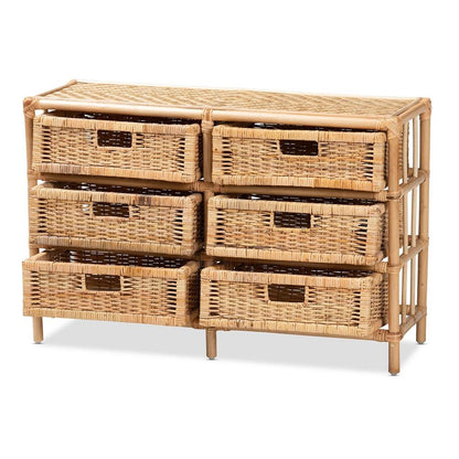 Bohemian Natural Brown Rattan 6-Drawer Storage Cabinet