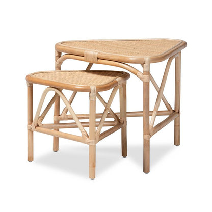 Bohemian Natural Brown Finished Rattan 2-Piece End Table Set