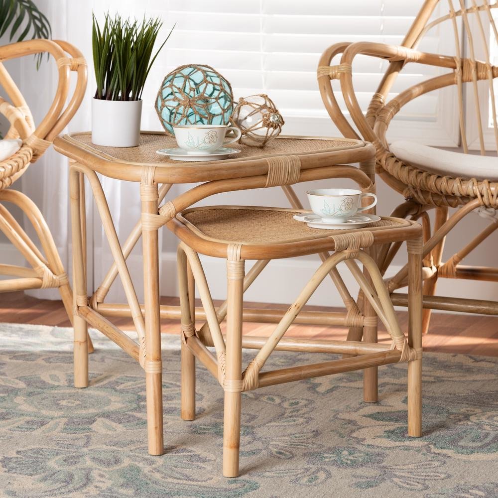 Bohemian Natural Brown Finished Rattan 2-Piece End Table Set
