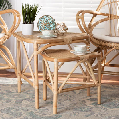 Bohemian Natural Brown Finished Rattan 2-Piece End Table Set