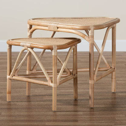 Bohemian Natural Brown Finished Rattan 2-Piece End Table Set