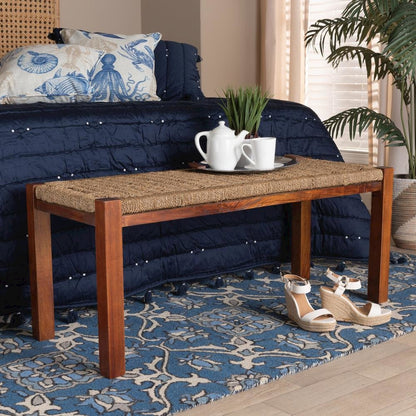 Transitional Natural Seagrass and Mahogany Wood Bench
