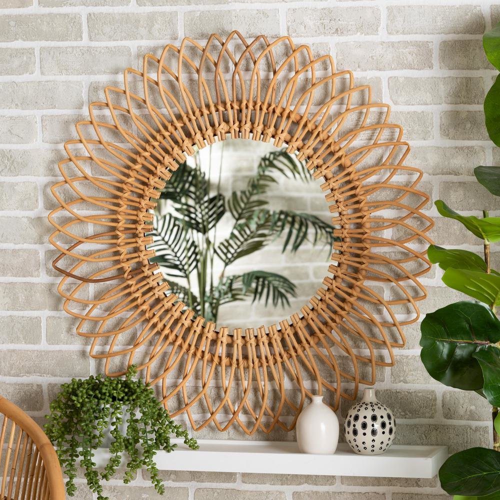 bali & pari Bora Modern Bohemian Natural Brown Rattan Accent Wall Mirror
