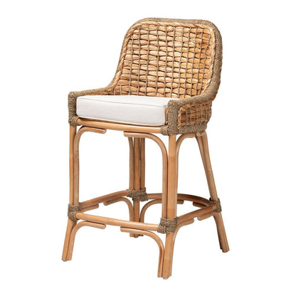 Bohemian Natural Brown Woven Rattan Counter Stool with Cushion