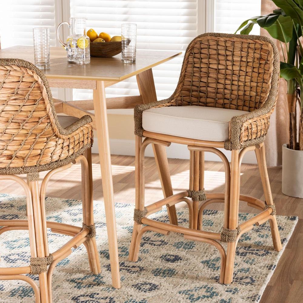 Bohemian Natural Brown Woven Rattan Counter Stool with Cushion