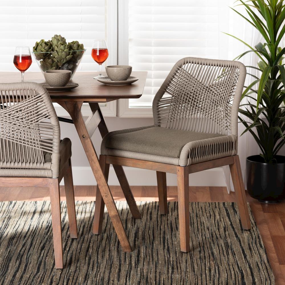 Jennifer Mid-Century Transitional Grey Woven Rope Mahogany Dining Side Chair