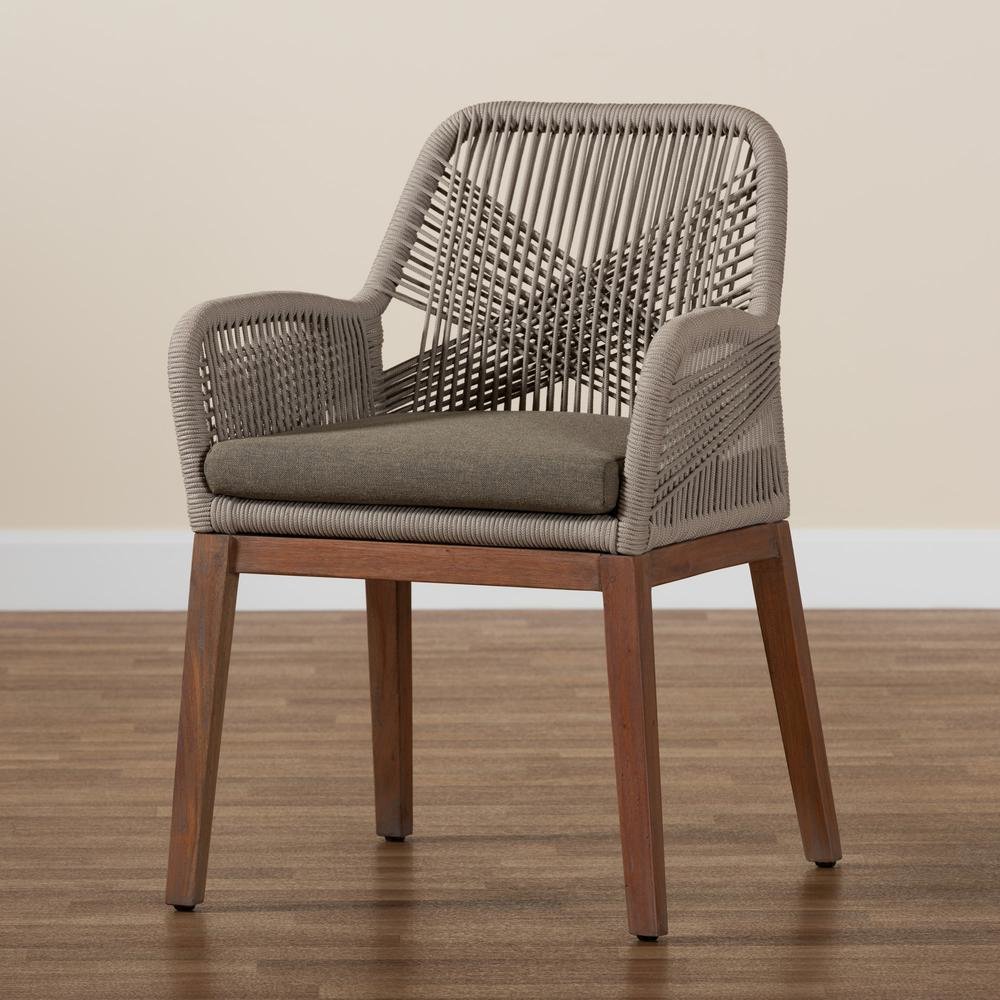 ennifer Mid-Century Transitional Grey Woven Rope Mahogany Dining Arm Chair