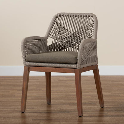 ennifer Mid-Century Transitional Grey Woven Rope Mahogany Dining Arm Chair