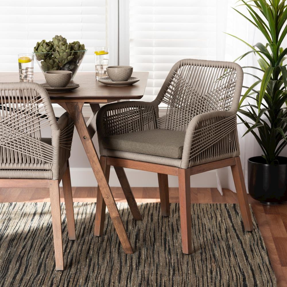 ennifer Mid-Century Transitional Grey Woven Rope Mahogany Dining Arm Chair