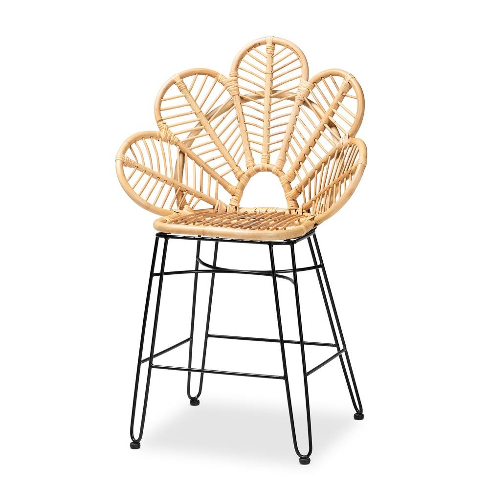 Bohemian Natural Brown Rattan and Black Metal Counter Stool