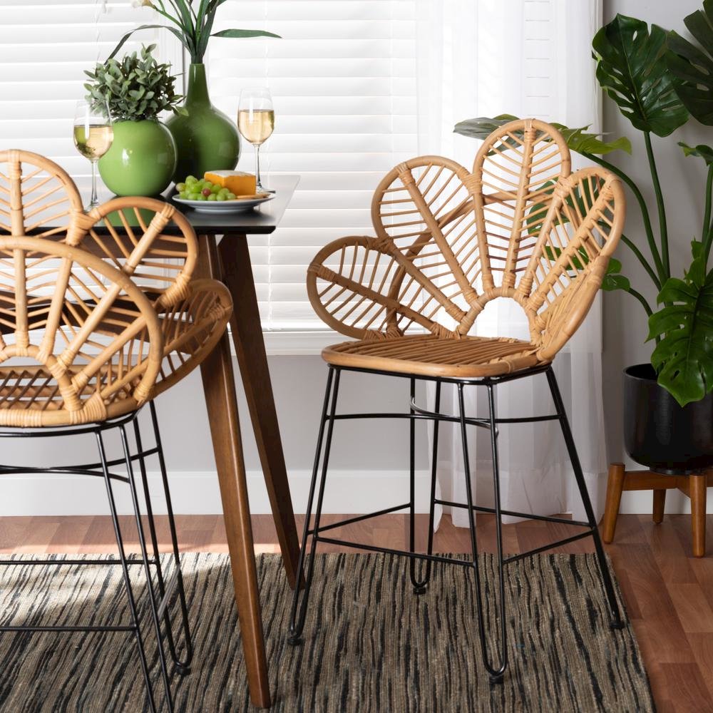 Bohemian Natural Brown Rattan and Black Metal Counter Stool