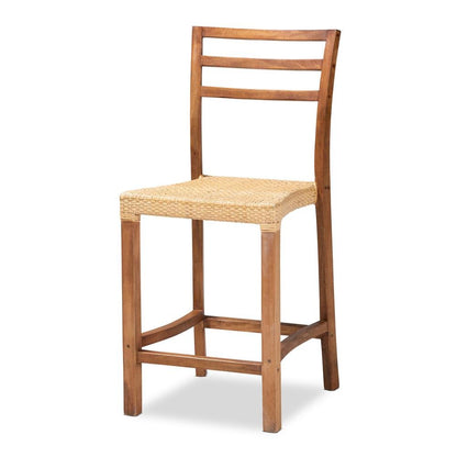 Walnut Brown Mahogany Wood and Natural Rattan Counter Stool