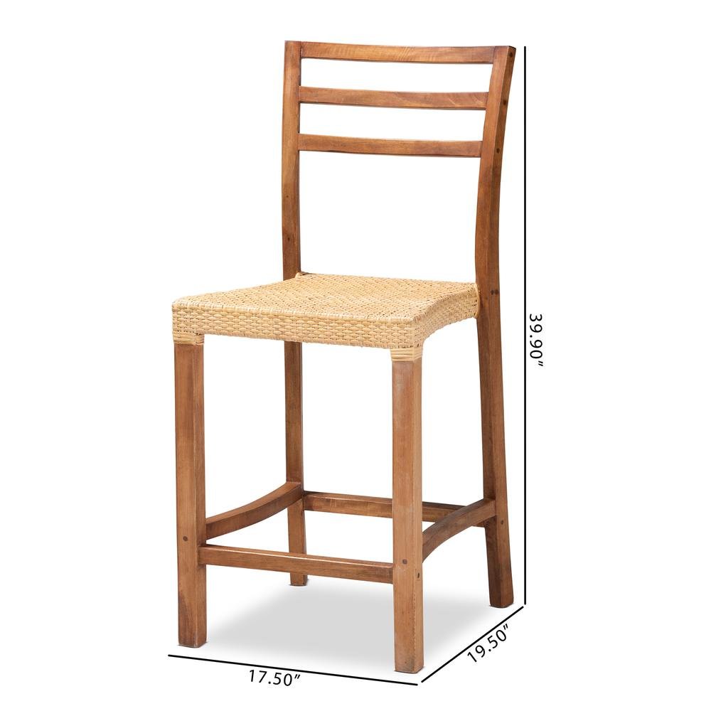 Walnut Brown Mahogany Wood and Natural Rattan Counter Stool