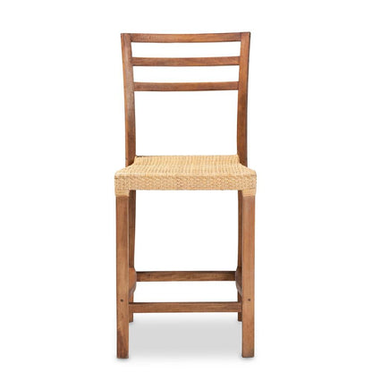 Walnut Brown Mahogany Wood and Natural Rattan Counter Stool