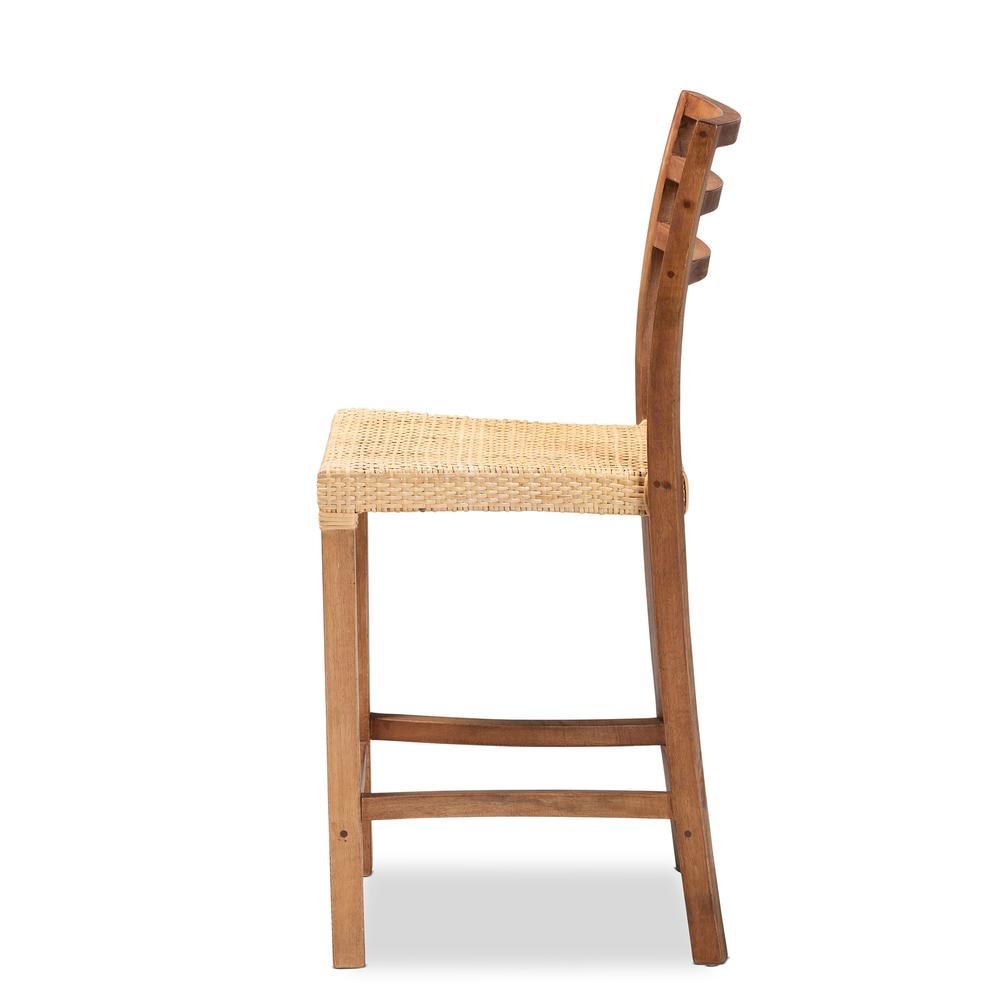 Walnut Brown Mahogany Wood and Natural Rattan Counter Stool