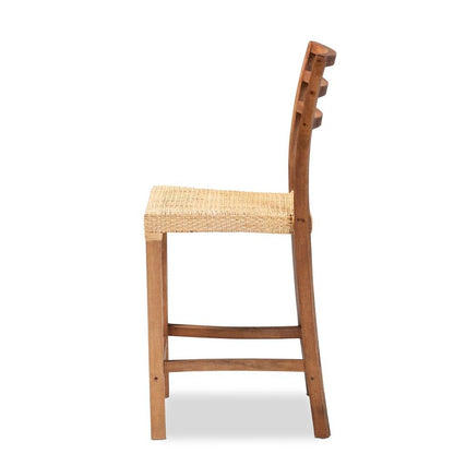 Walnut Brown Mahogany Wood and Natural Rattan Counter Stool