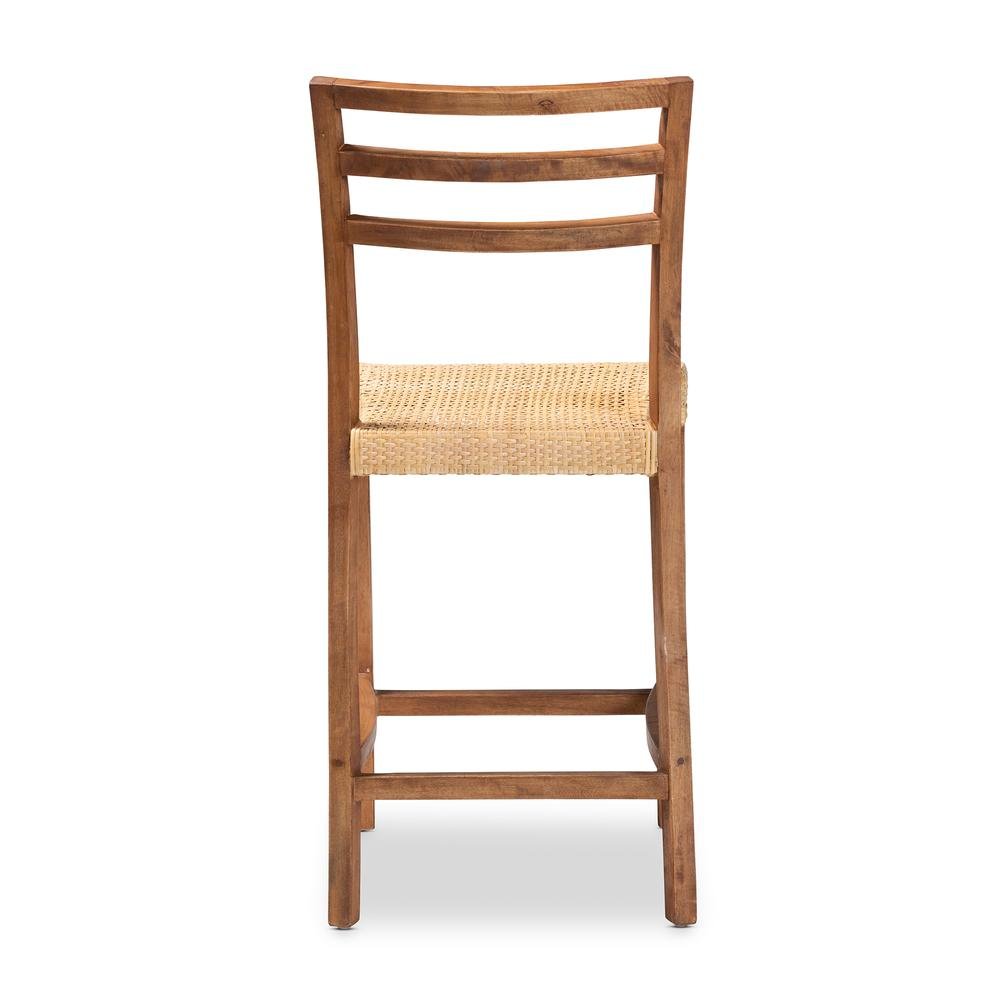 Walnut Brown Mahogany Wood and Natural Rattan Counter Stool