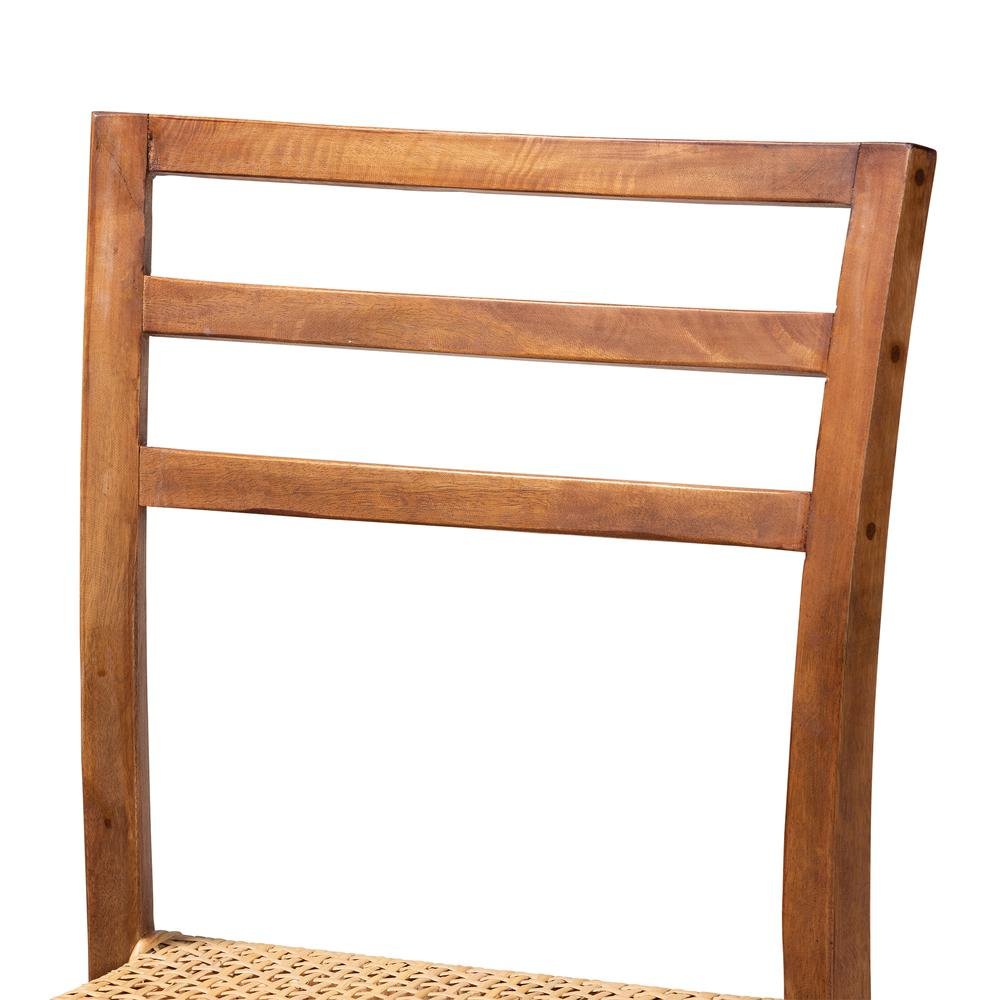 Walnut Brown Mahogany Wood and Natural Rattan Counter Stool
