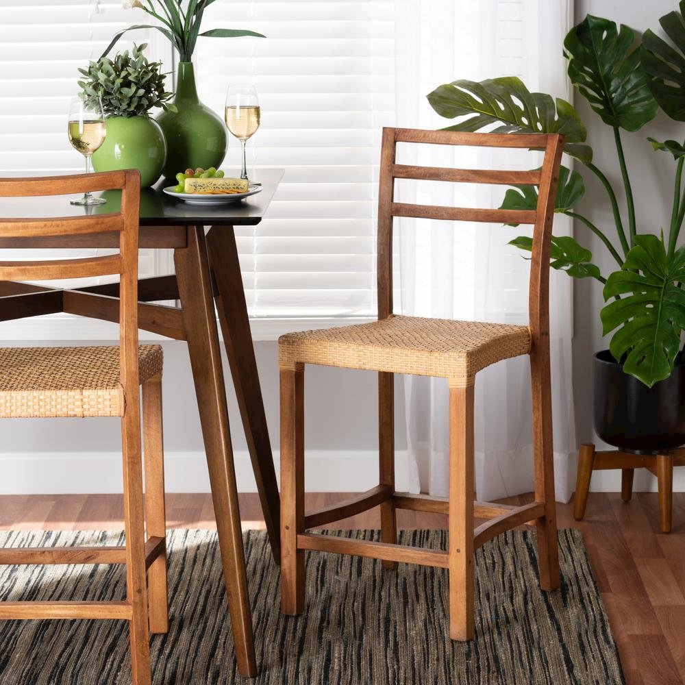 Walnut Brown Mahogany Wood and Natural Rattan Counter Stool