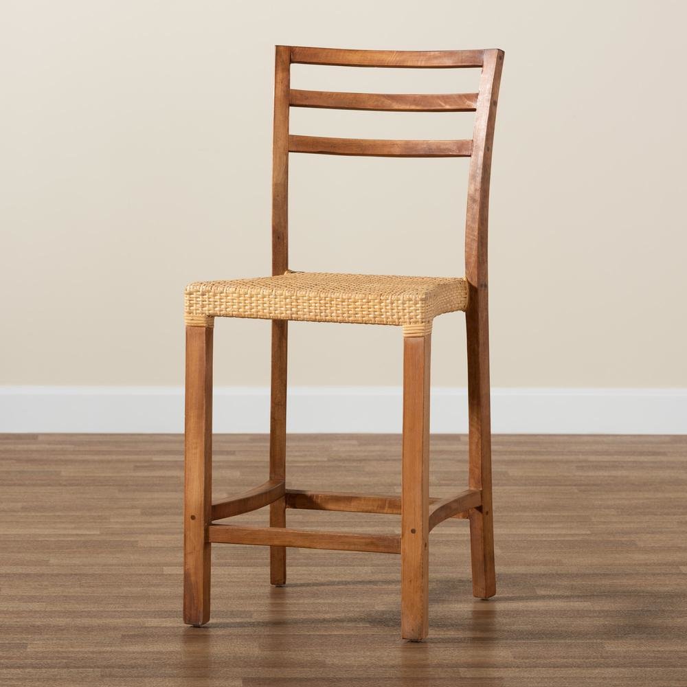 Walnut Brown Mahogany Wood and Natural Rattan Counter Stool