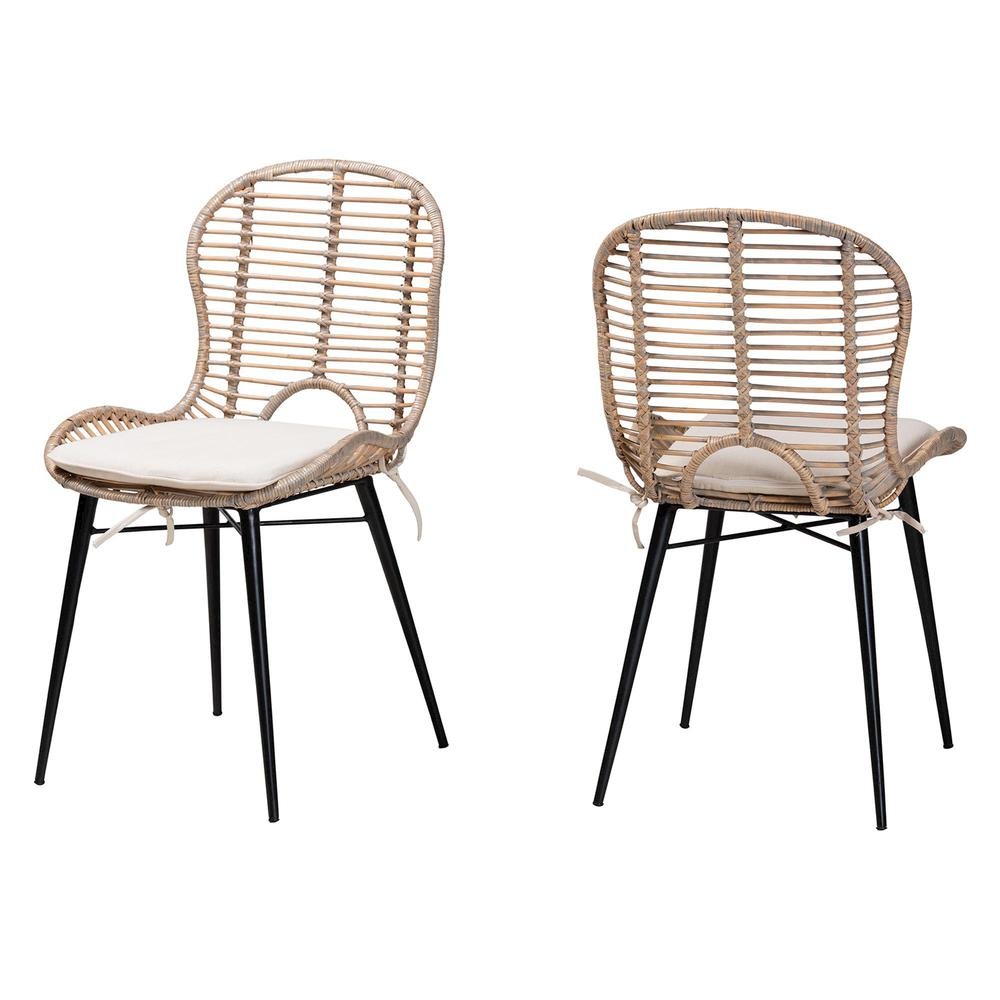 Bohemian Greywashed Rattan and Black Metal 2-Piece Dining Chair Set