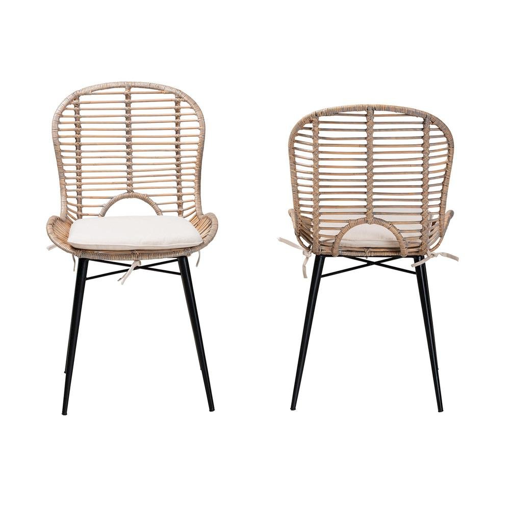 Bohemian Greywashed Rattan and Black Metal 2-Piece Dining Chair Set