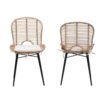 Bohemian Greywashed Rattan and Black Metal 2-Piece Dining Chair Set